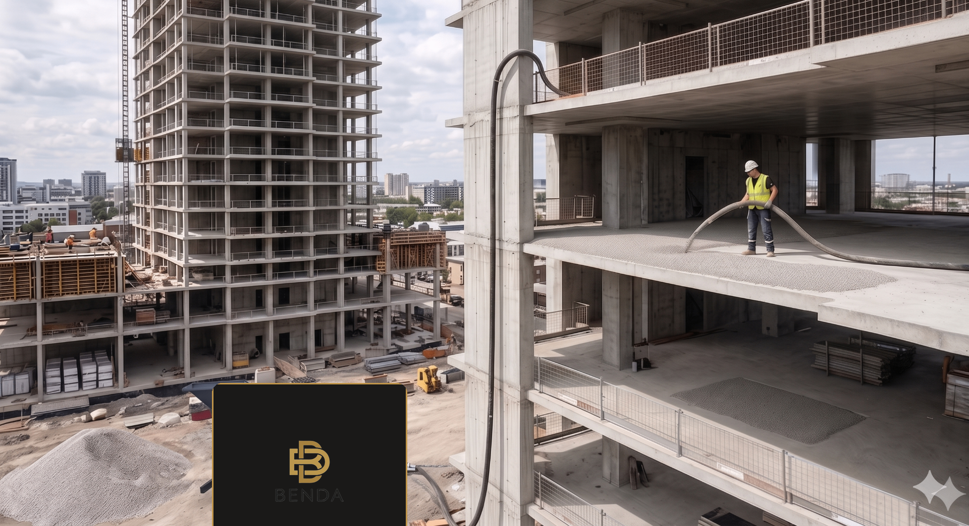 BENDA pumping equipment delivering material on a multi-story construction site