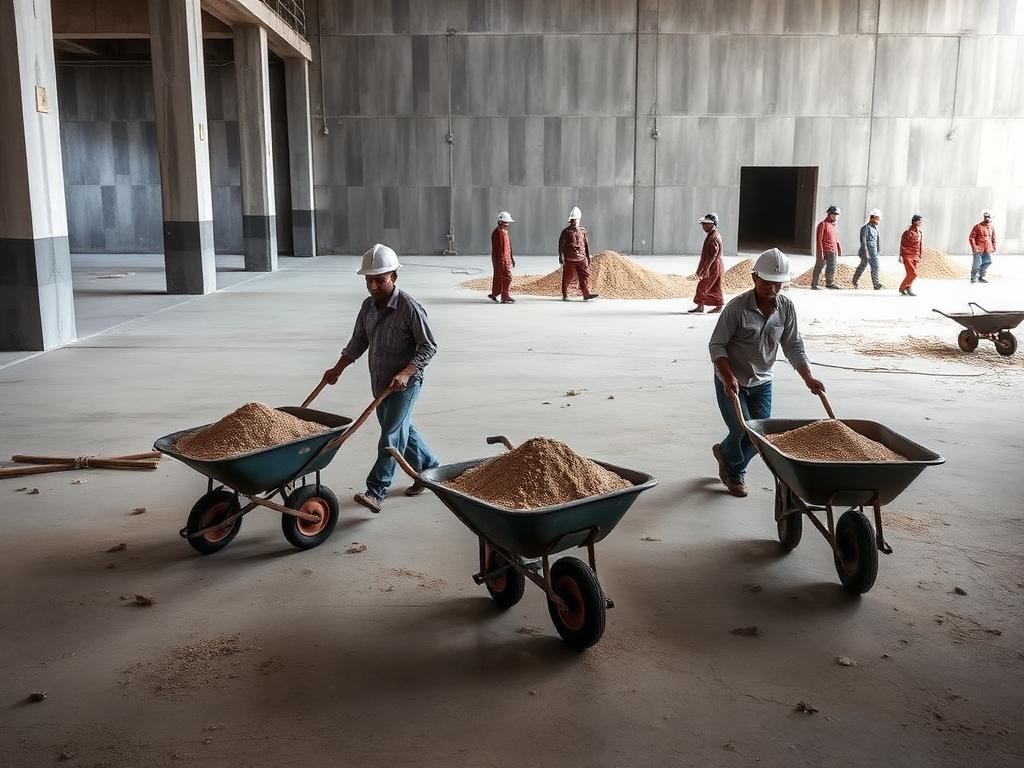 Workers moving aggregate material with wheelbarrows on an unfinished building floor